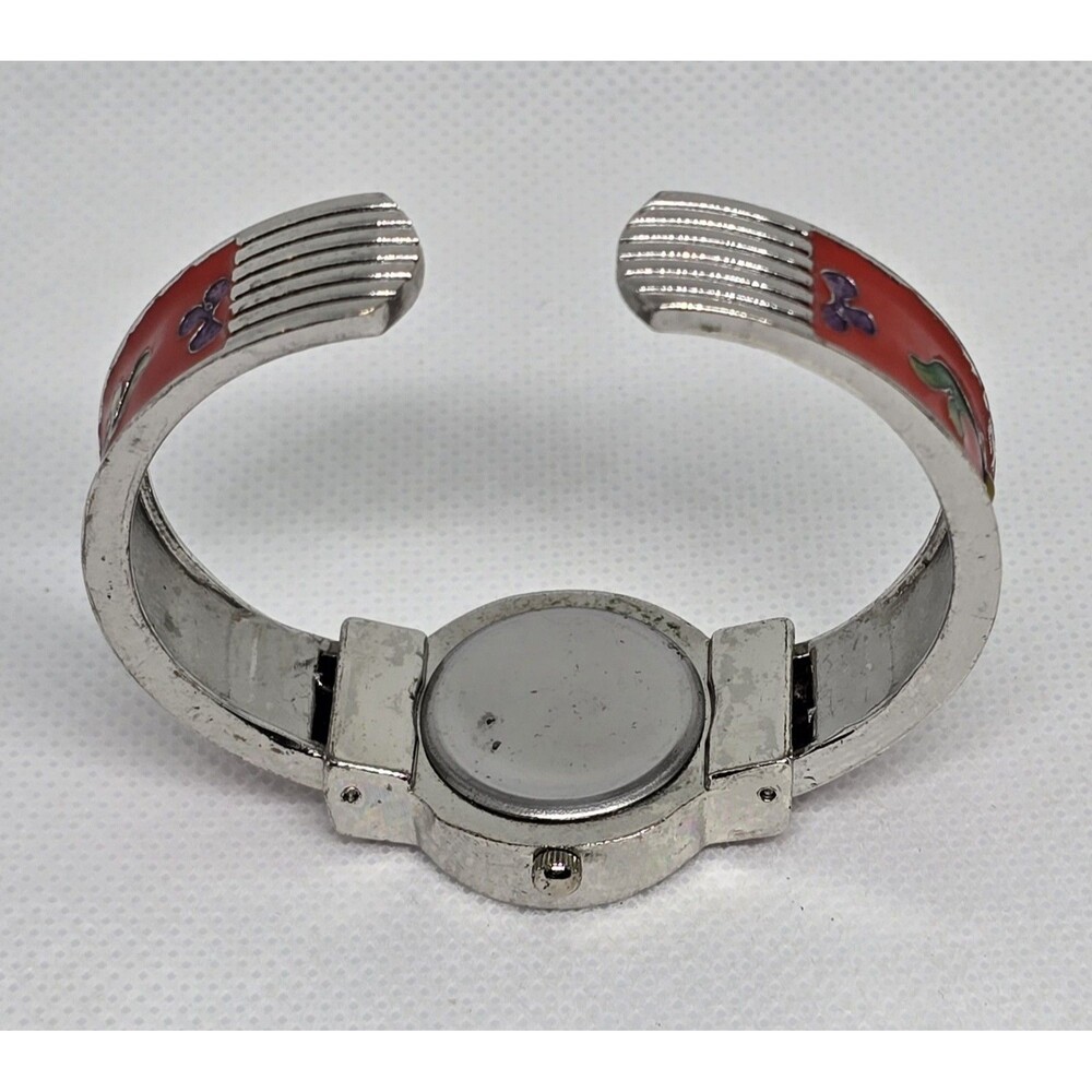 Women's Trendy Round Floral Red Silver Tone Cuff Bracelet Watch 13 - Picture 7 of 8